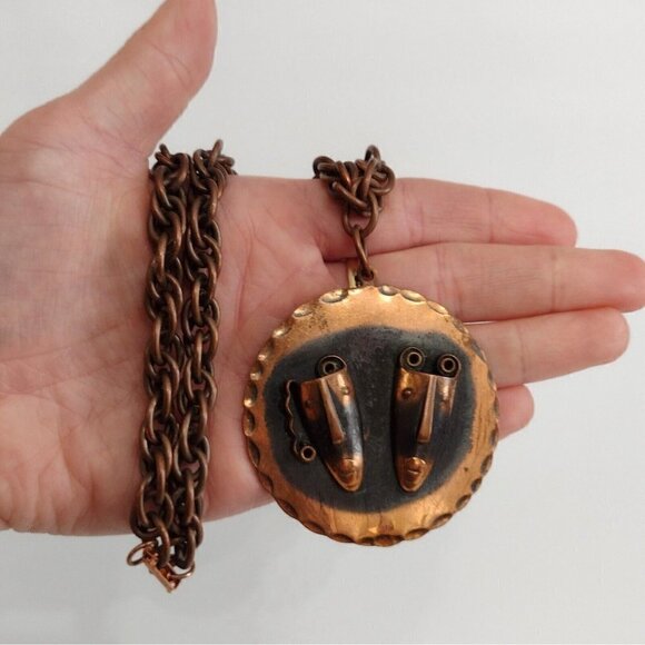 Vtg Mid Century Frank Rebajes Tragedy Comedy Modernist Statement Copper Necklace - Picture 1 of 7